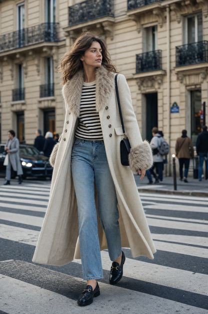 Quiet Luxury Fur-trimmed Collar Double-breasted Wool-blend Coat With Waist-cinching Fit