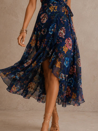 Navy Botanical Floral Wrap Midi Dress