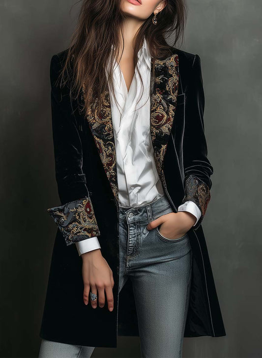 Black Velvet Blazer With Baroque Printed Lapel – Timeless Vintage Luxury
