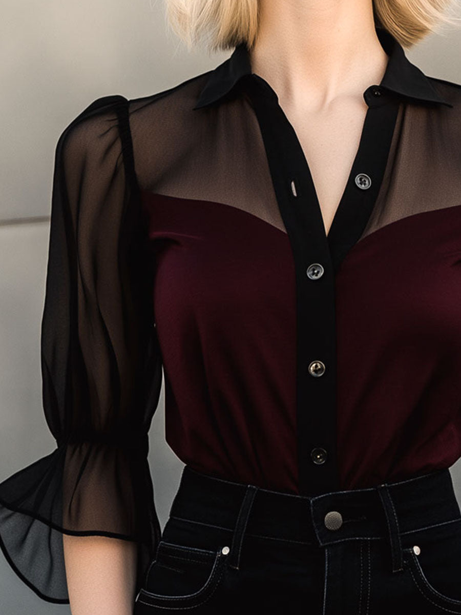 Retro Sheer Sleeves Burgundy Chiffon Contrast Blouse
