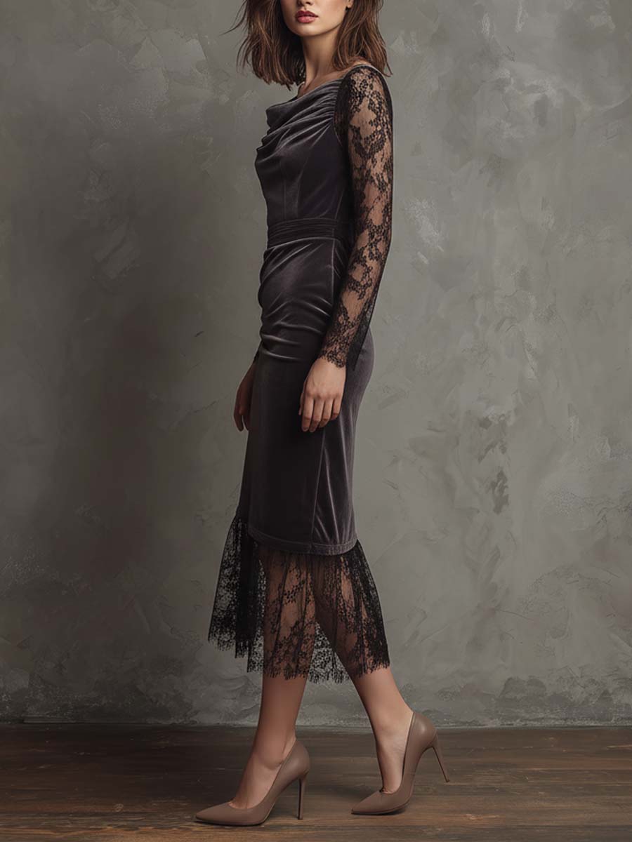 Elegant Charcoal Gray Velvet Lace Draped Midi Dress