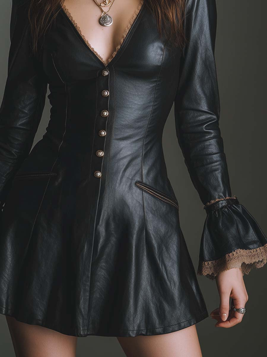 Retro V-neck Button Lace Trim Faux Leather Mini Dress