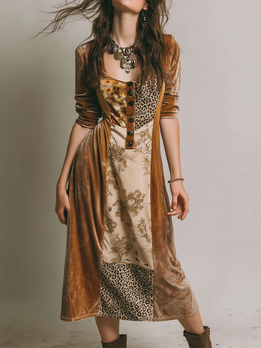 Vintage Velvet Leopard Floral Patchwork Print Shirt Midi Dress