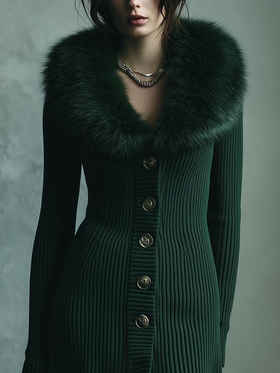 Quiet Luxury Ribbed Knitted Detachable Fur Collar Cardigan