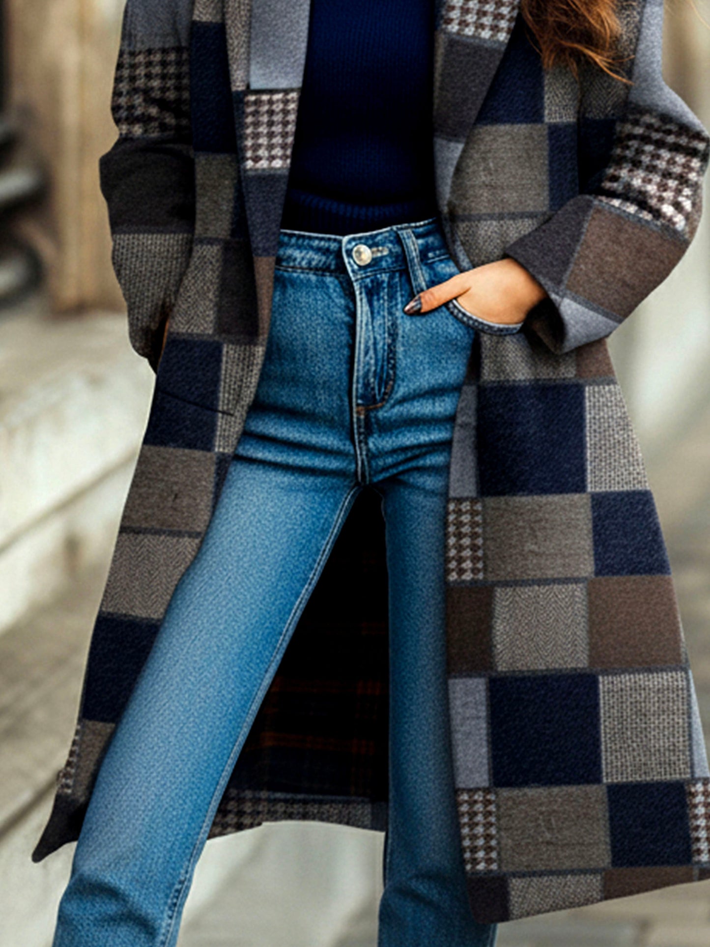 Vintage Lapel Collar Plaid Patchwork Wool Long Coat