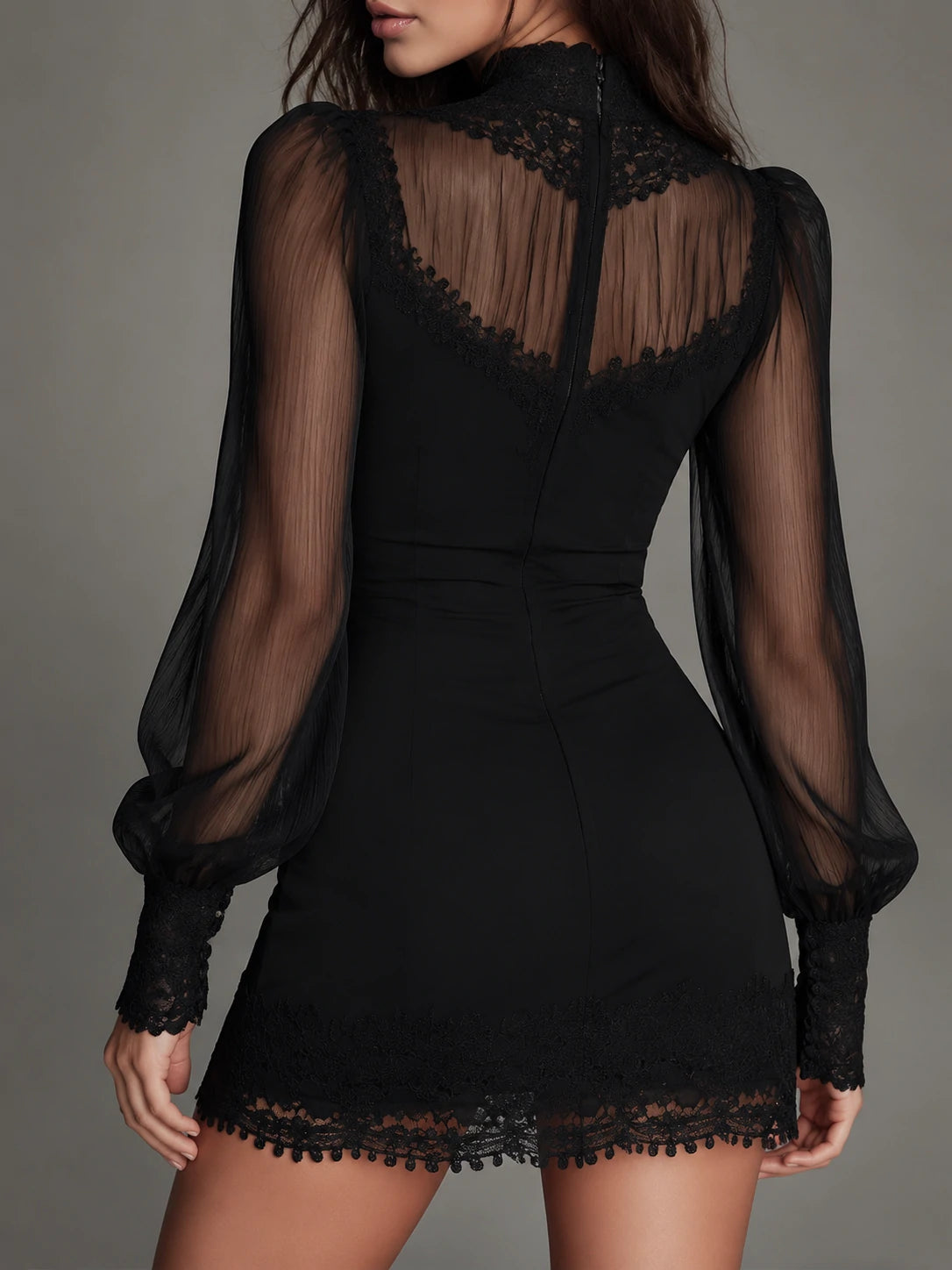 Elegant Keyhole Neckline Mini Dress With Tie Detail And Lace Trim
