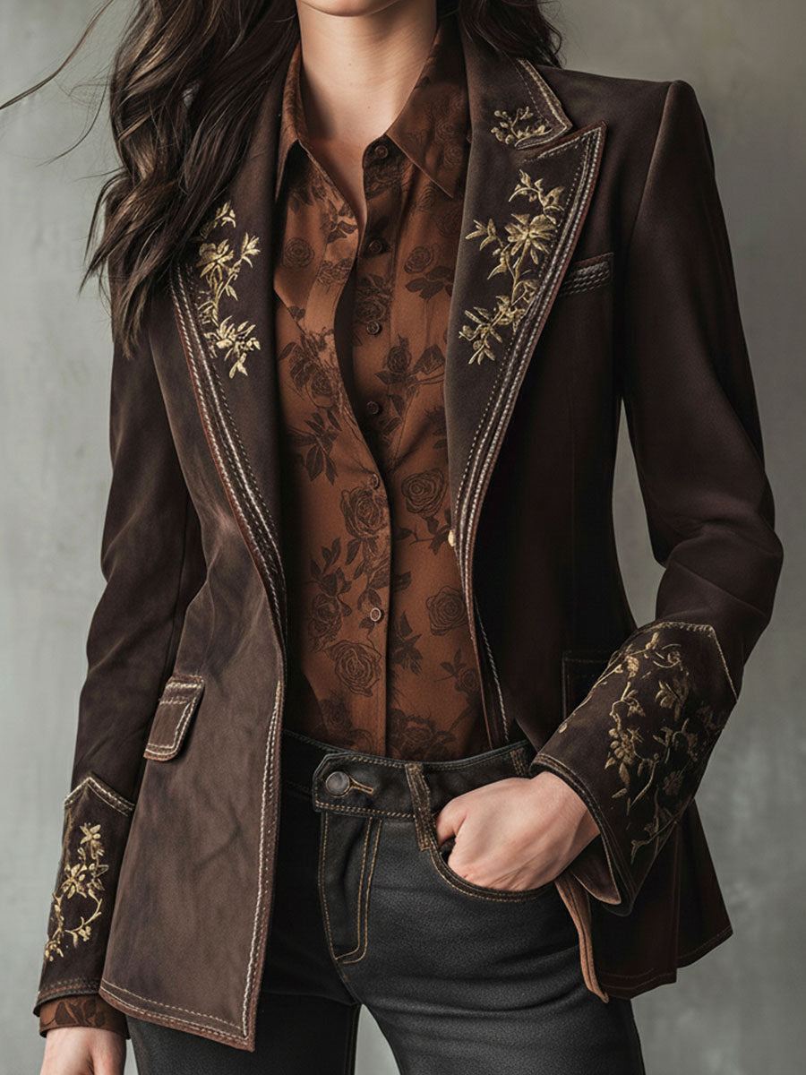 Vintage Floral Embroidered Brown Microsuede Jacket WithStitching