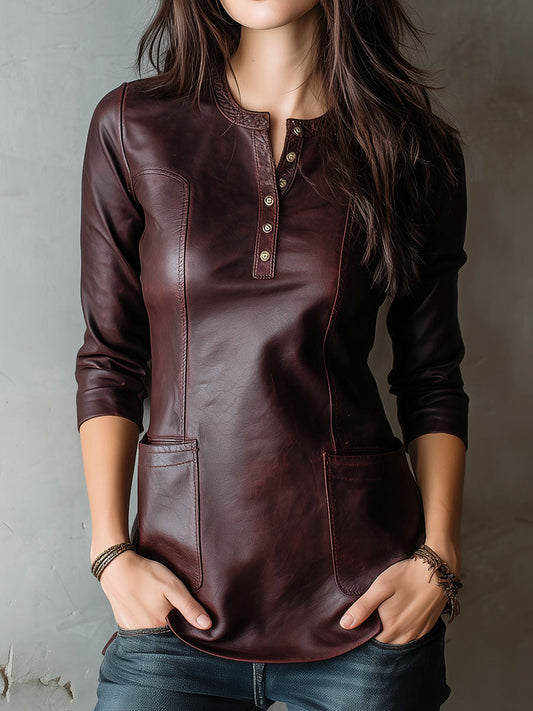Vintage Burgundy Eco Leather Henley Shirt With Pockets