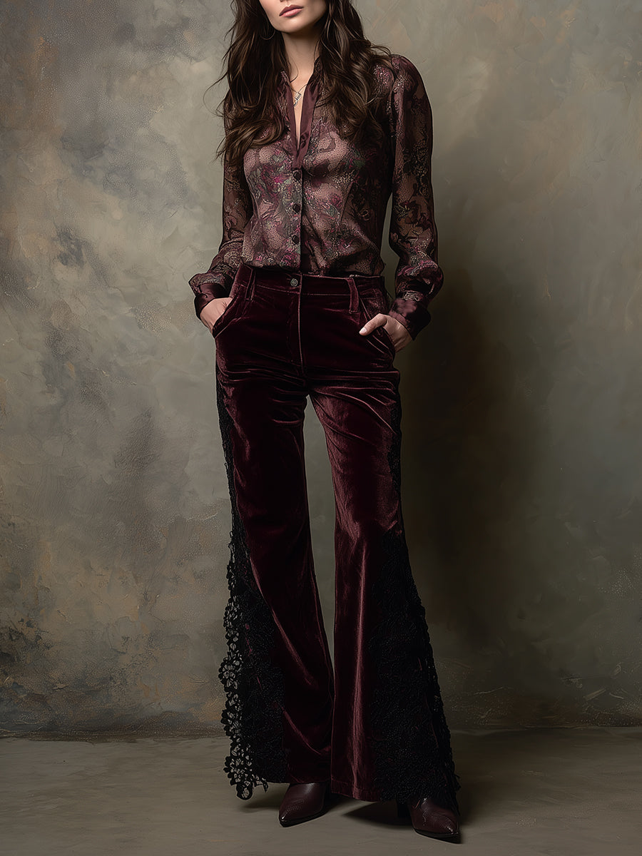 Retro Printed Satin Front Seam Patchwork Blouse