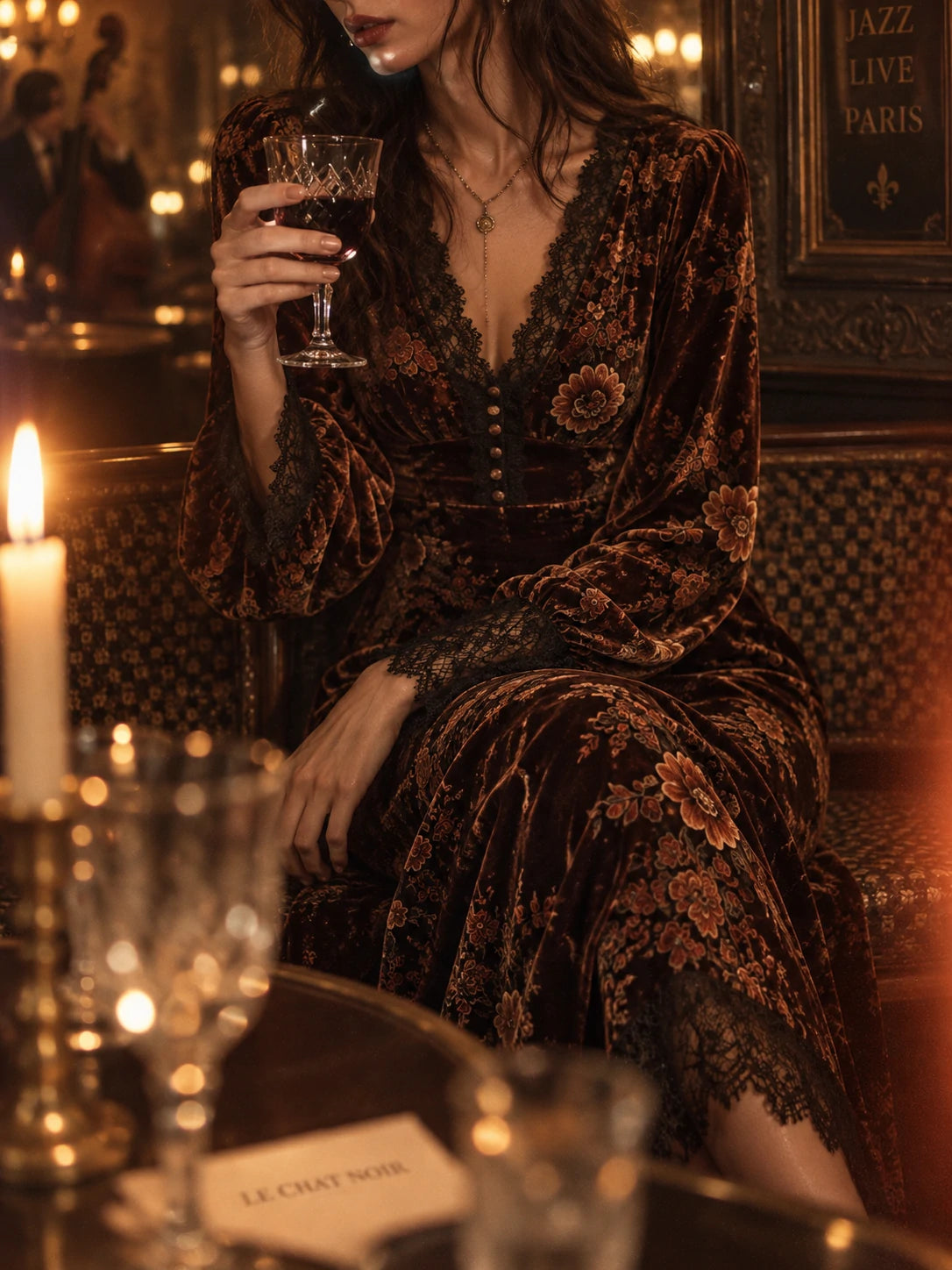 Vintage Velvet Floral Lace V Neck Puff Sleeve Evening Dress