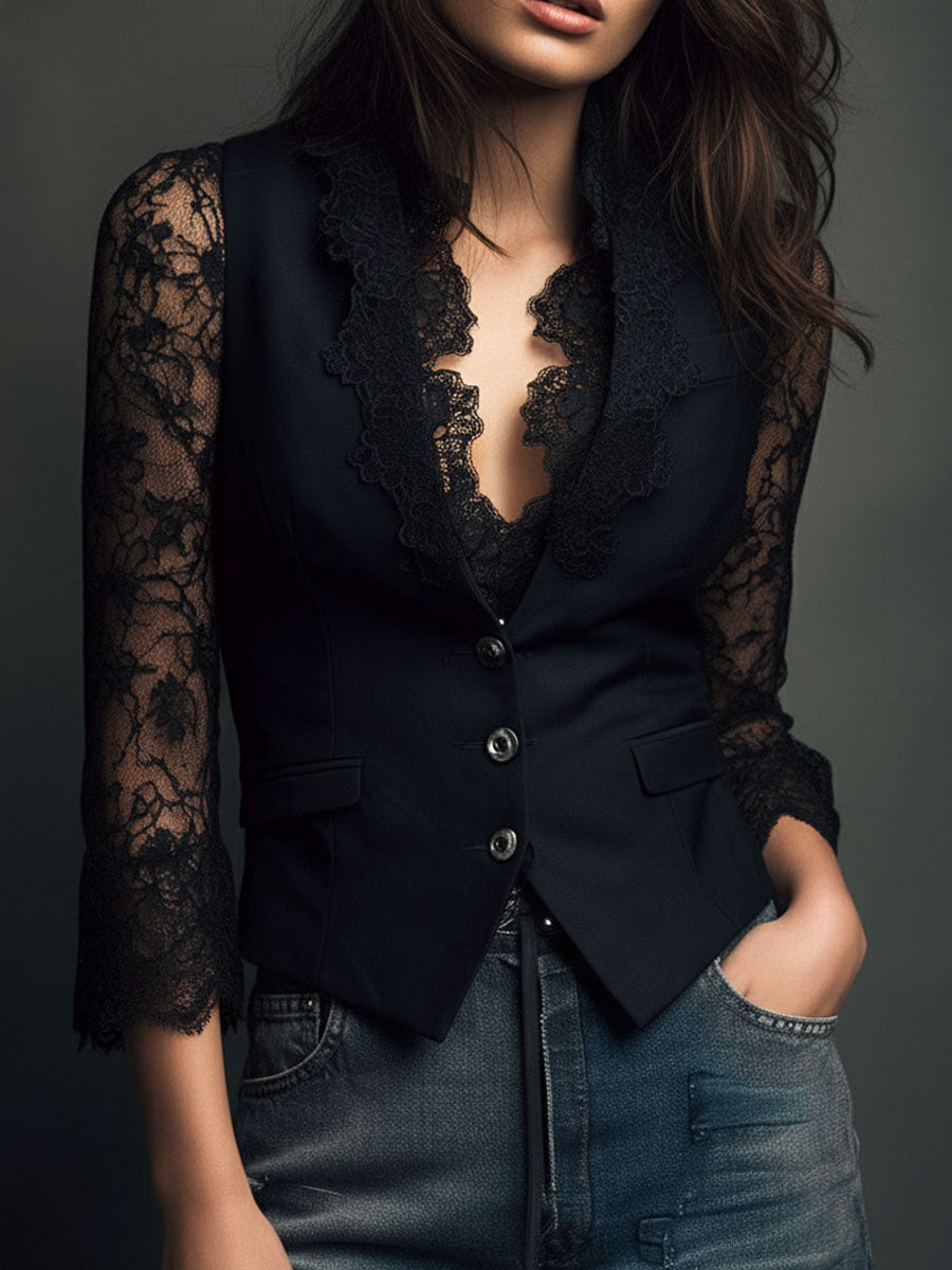 Elegant Black Lace Panel Sleeve Blazer Top Vest