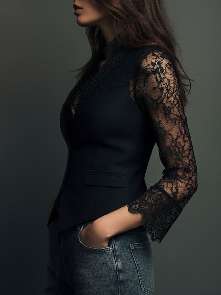 Elegant Black Lace Panel Sleeve Blazer Top Vest