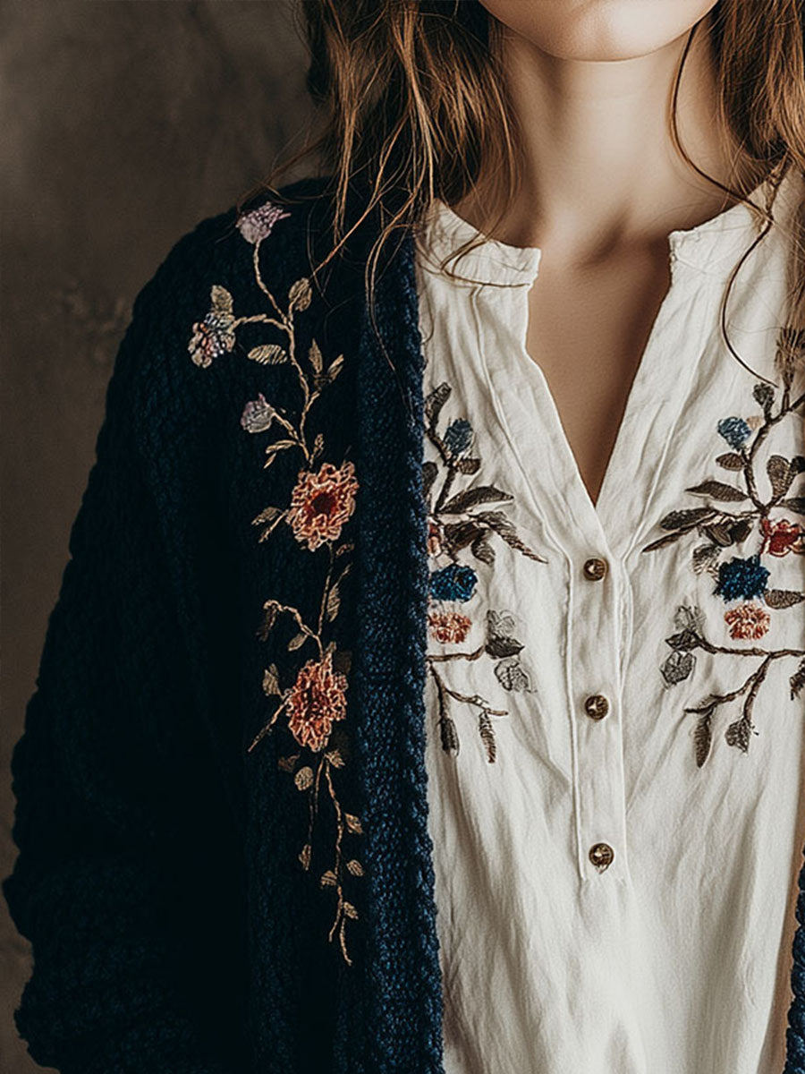 Navy Blue Chunky Knit Cardigan With Floral Embroidery