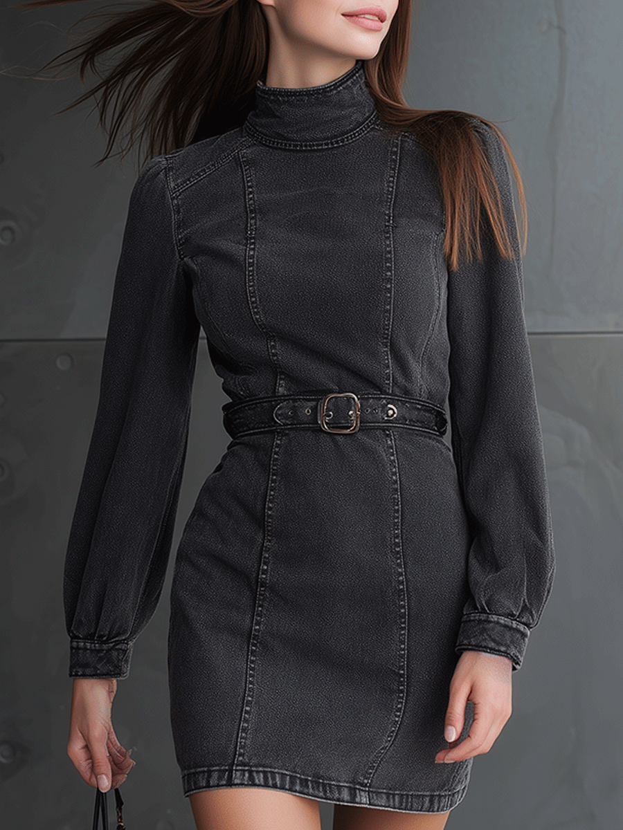 High Neck Belted Denim Mini Dress