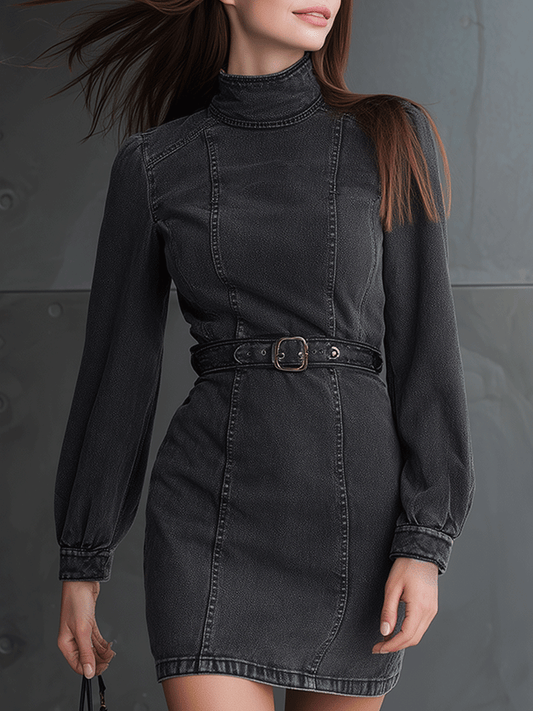 High Neck Belted Denim Mini Dress
