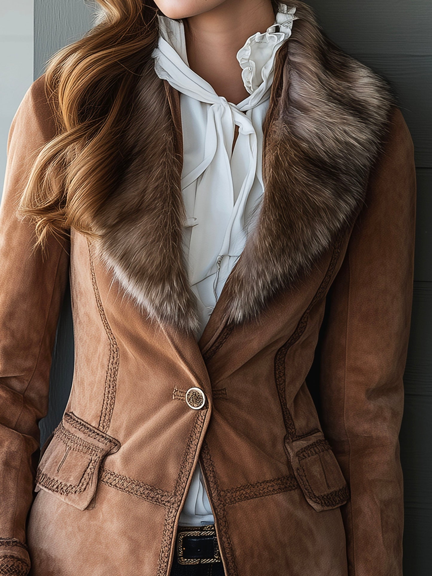 Vintage Camel Suede Braided Jacket With Eco Fur Collar