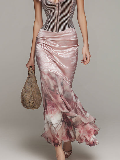 Elegant Oil Painting Flower Fishtail Hem Maxi Dress