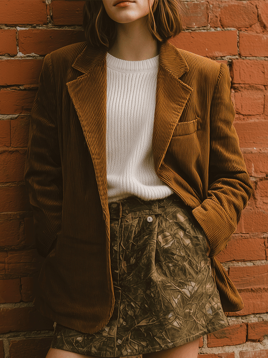 Vintage Casual Caramel Corduroy Lapel Textured Blazer