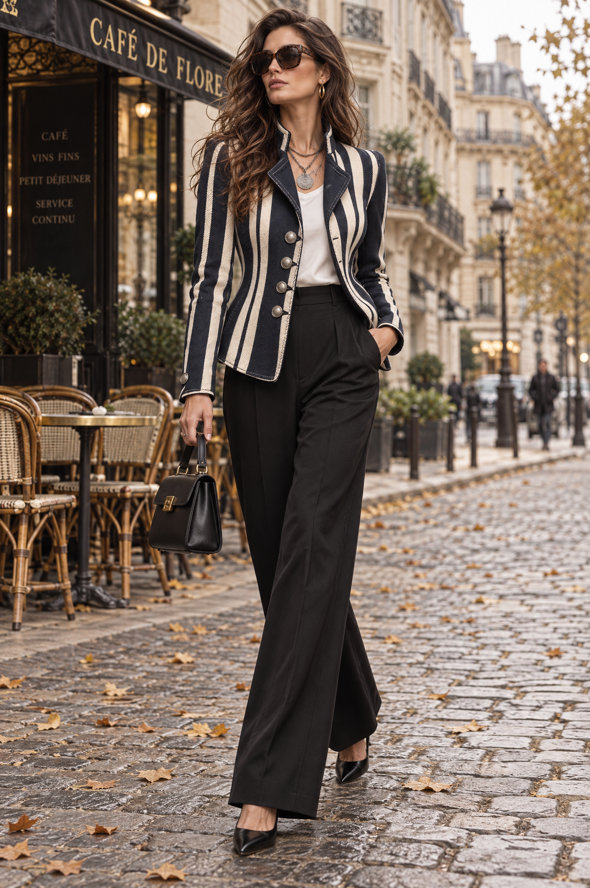 Navy & Cream Striped Stand Collar Fitted Jacket with Silver Buttons