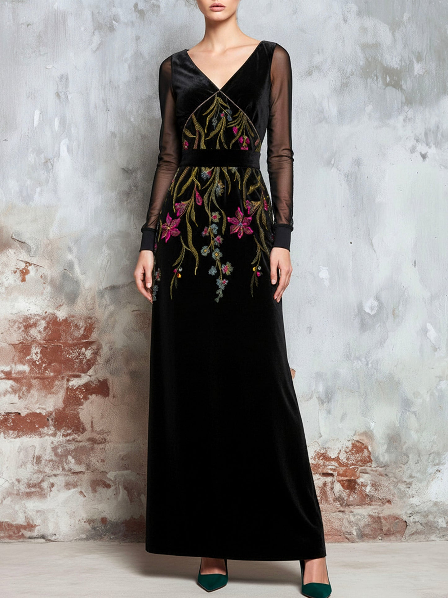 Black Velvet Embroidered Floral Evening Gown With Sheer Sleeves