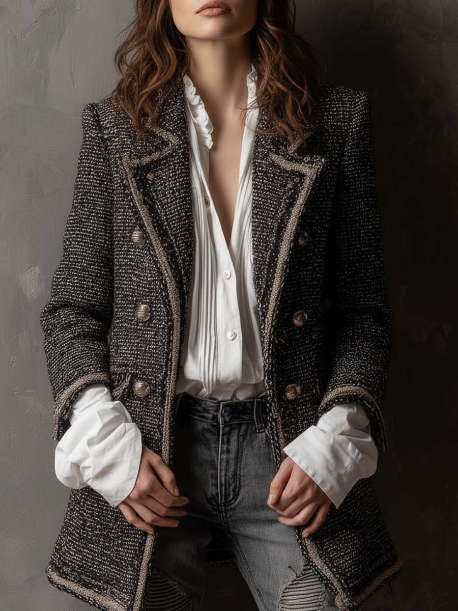 Vintage Tweed Double-Breasted Blazer – Parisian Noir