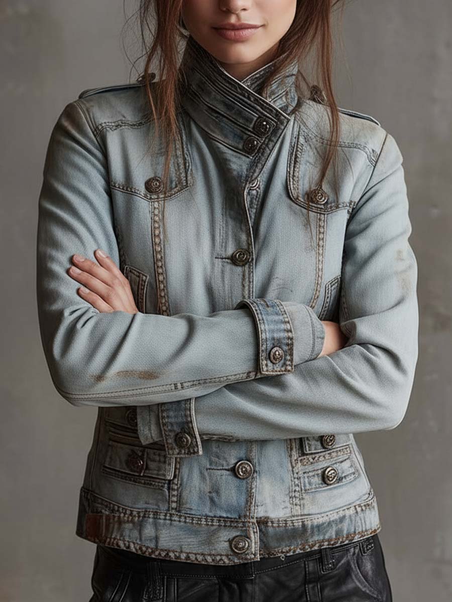 Vintage Washed Military Denim Jacket