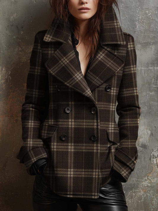 Plaid Wool-Blend Double-Breasted Short Coat