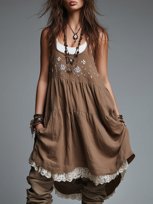 Bohemian Embroidered Cotton Strappy Mini Dress