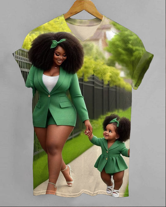 Black Mother Daughter V-neck Short Sleeve Tshirt