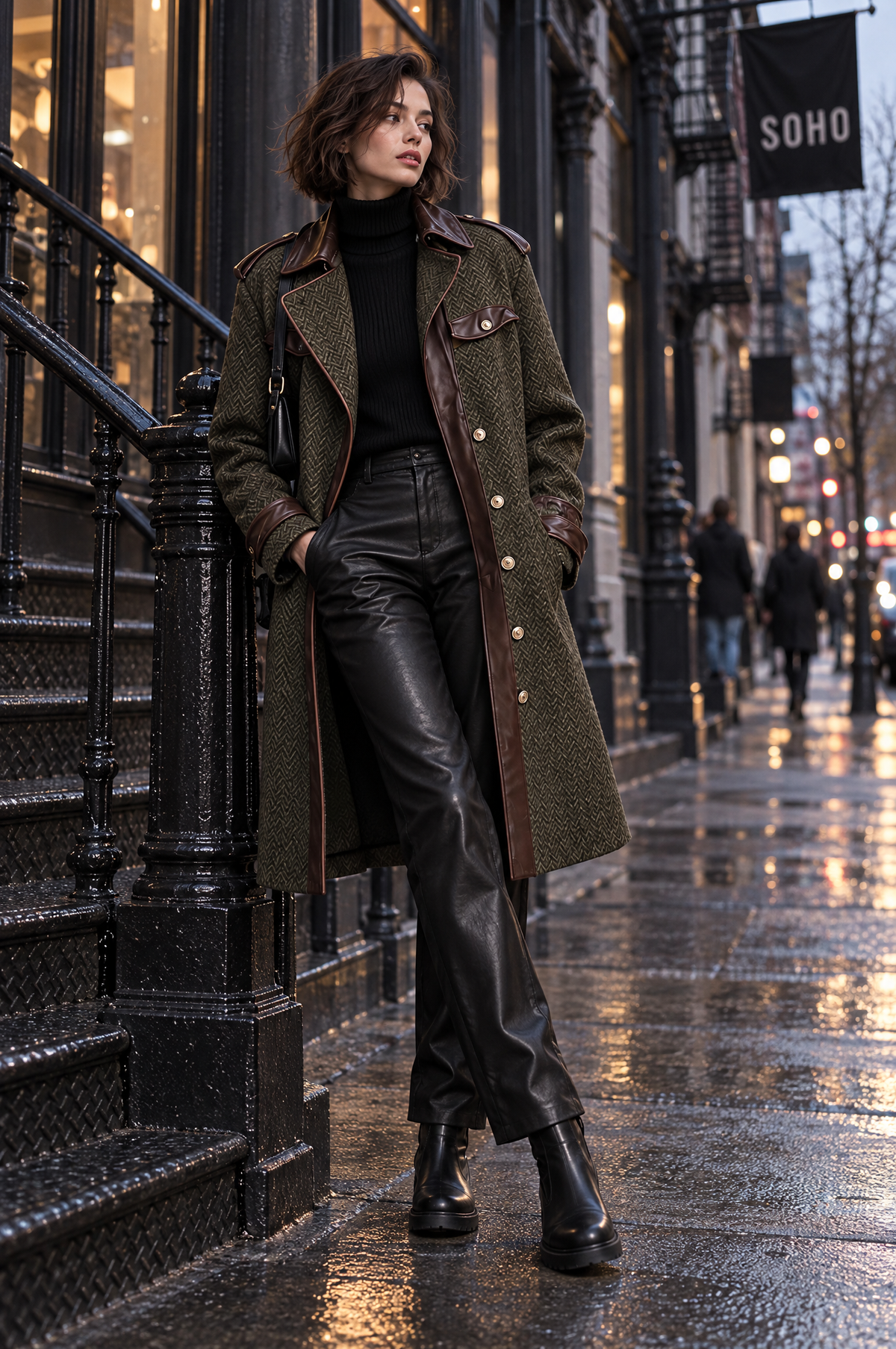 Vintage Straight-cut Mid-length Herringbone Wool-blend Coat With PU Paneling