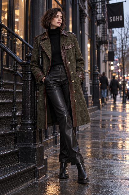 Vintage Straight-cut Mid-length Herringbone Wool-blend Coat With PU Paneling