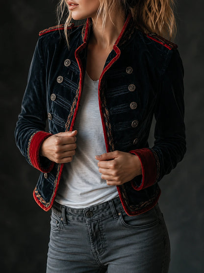 Retro Chic Velvet Military Style Double-Breasted Jacket