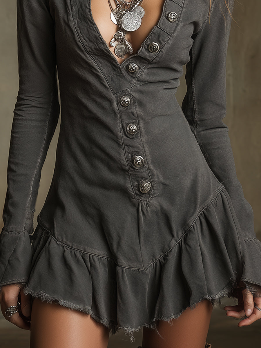 Bohemian Washed Ruffled Sleeves Raw Edge Mini Dress