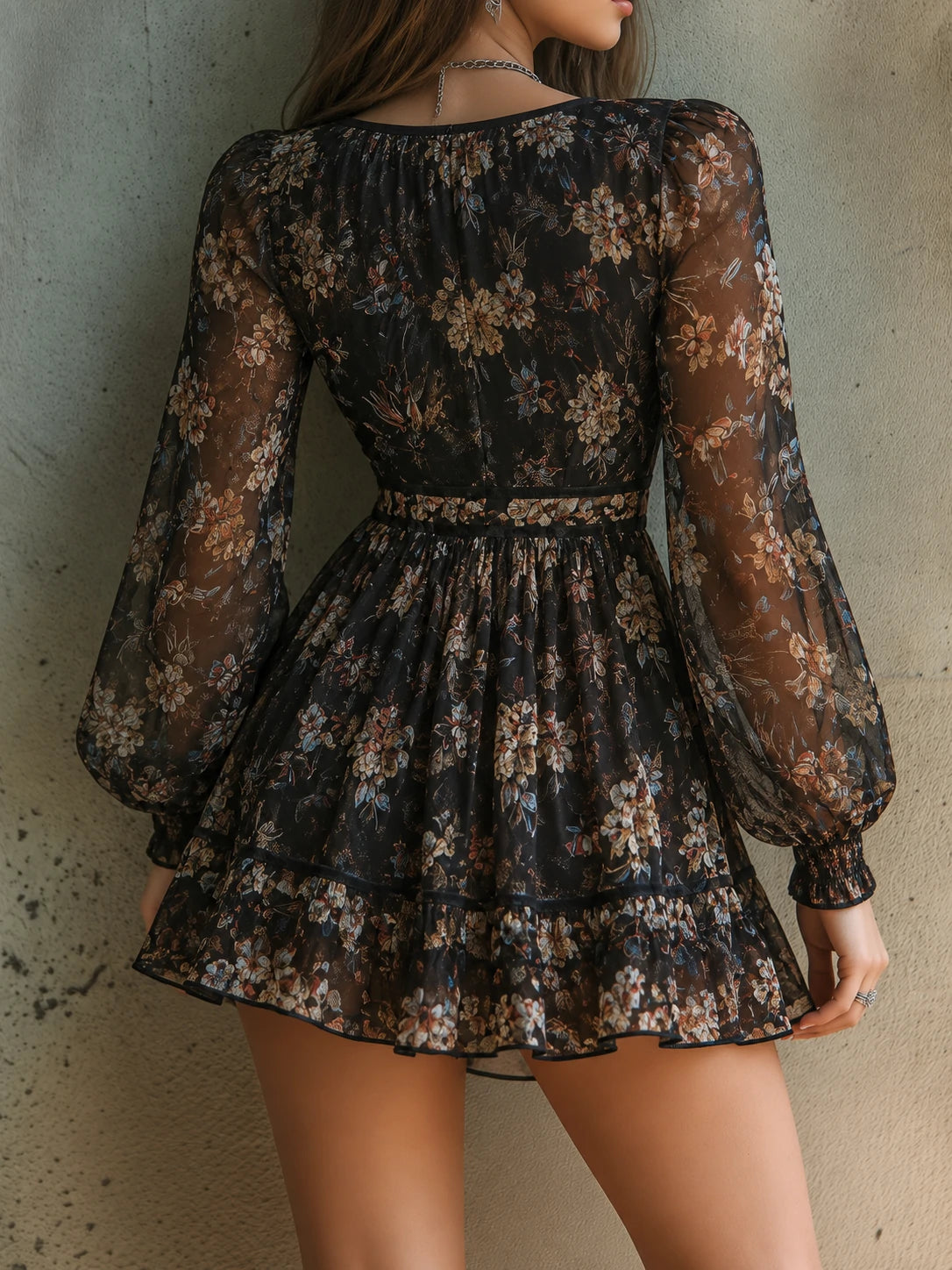 Chic Long Sheer Sleeves Black Floral Chiffon Zip Front Mini Dress