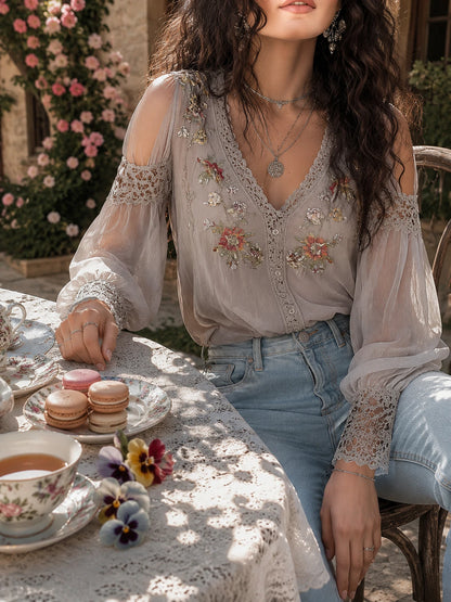 Romantic Floral Embroidered Sheer Blouse With Lace Trim