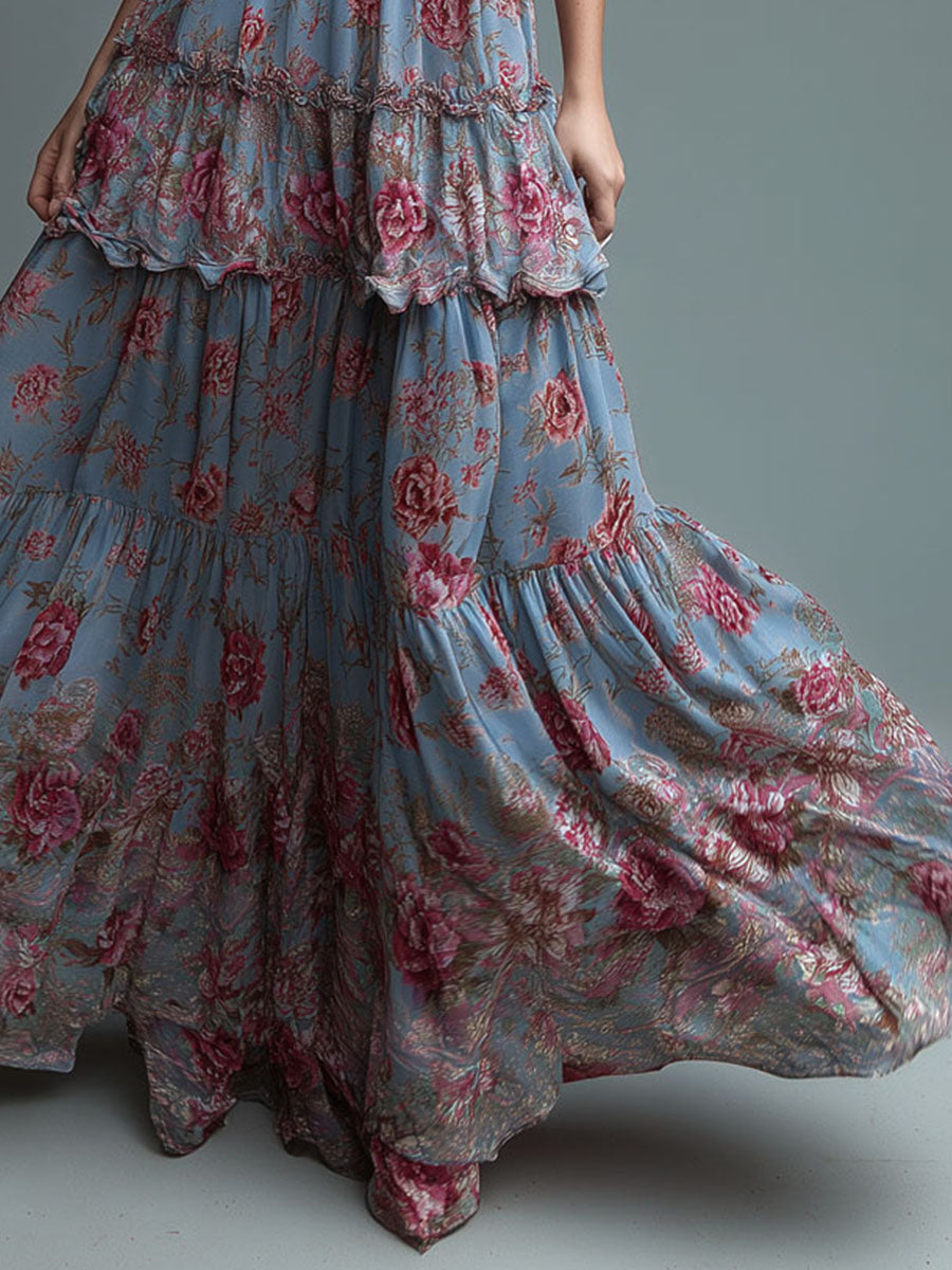 Boho Romantic High Neck Floral Tiered Maxi Dress Gown