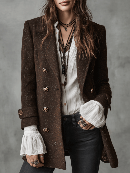 Vintage Brown Wool Double-Breasted Military Blazer Coat