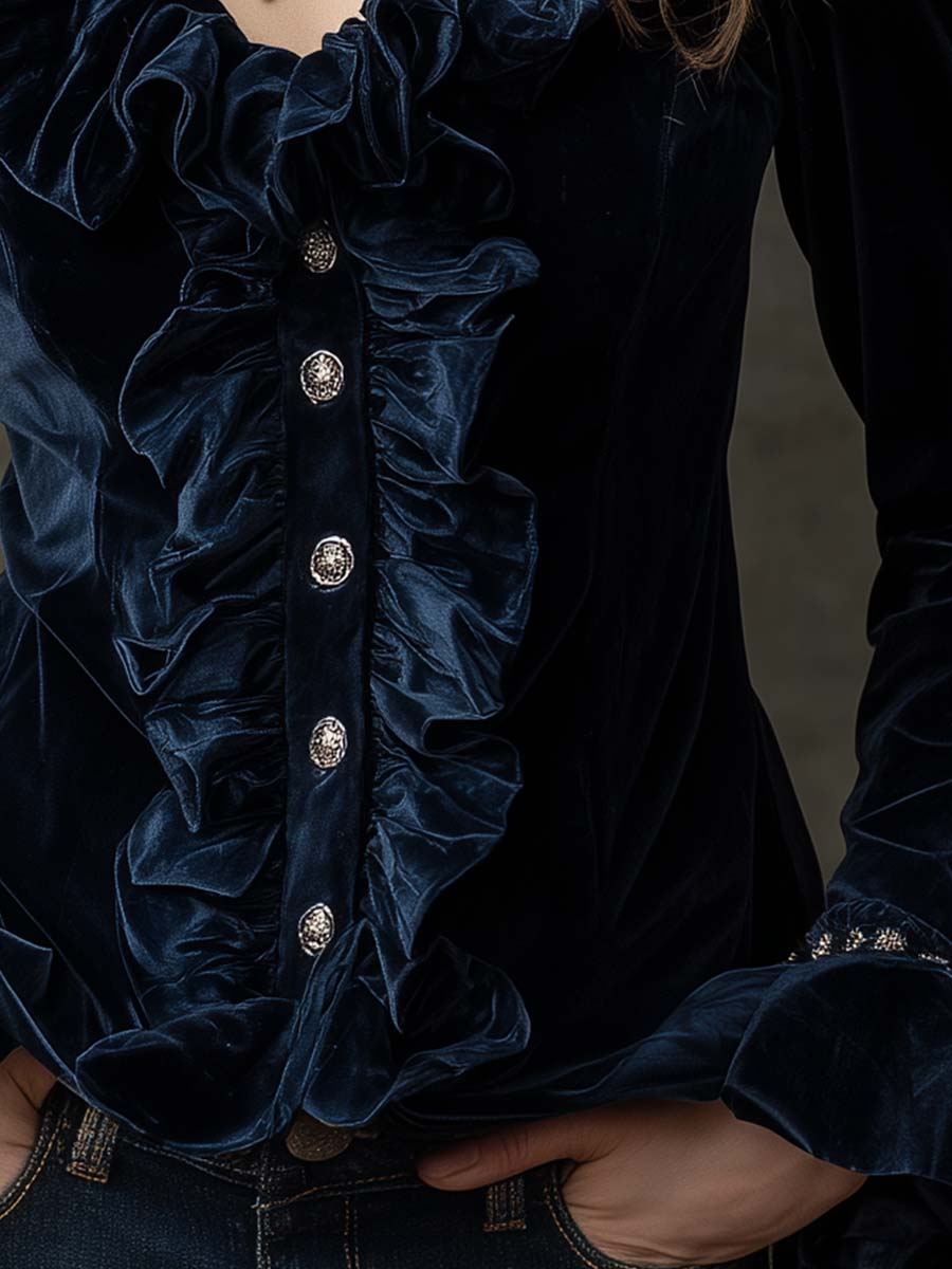 Midnight Blue Ruffled Velvet Shirt With Crystal Buttons
