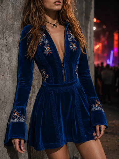 Boho Blue Velvet Zipper Front Lace Trim Embroidered Mini Dress