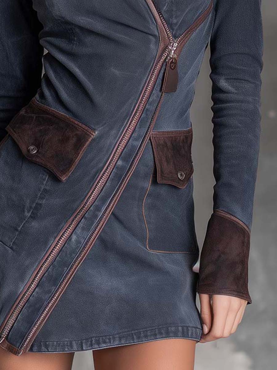 Vintage Washed Patchwork Asymmetrical Zipper Denim Mini Dress