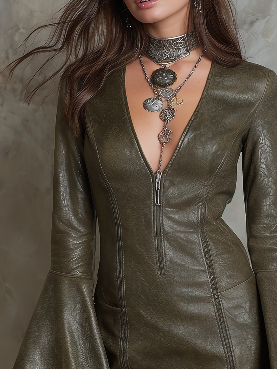 Retro V-neck Zipper Bell Sleeves Eco-friendly Leather Mini Dress