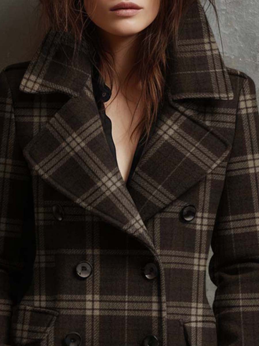 Plaid Wool-Blend Double-Breasted Short Coat