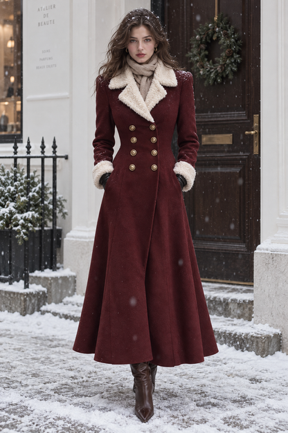 Women's Elegant Faux Fur Collar Double-Breasted Maxi Wool Coat