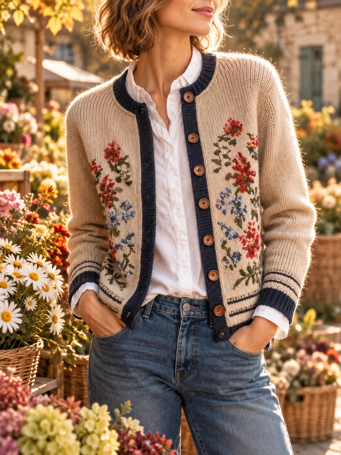 Retro Floral Embroidered Beige Knit Cardigan With Navy Trim