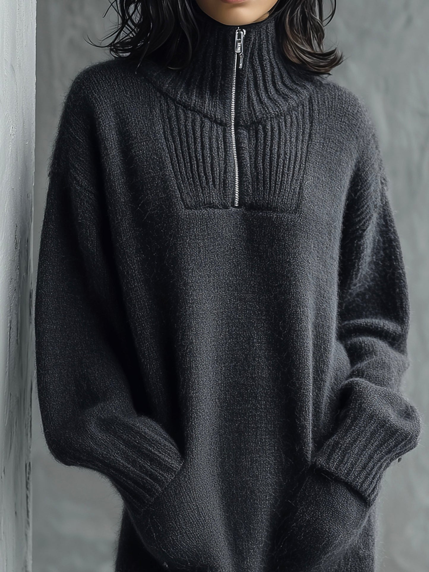 Chic Half-Zip High Neck Sweater Dress With Ribbed Trim