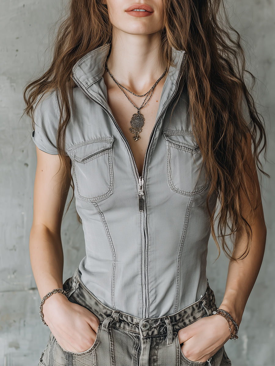 Vintage Washed Denim Stand-collar Slim-fit Blouse