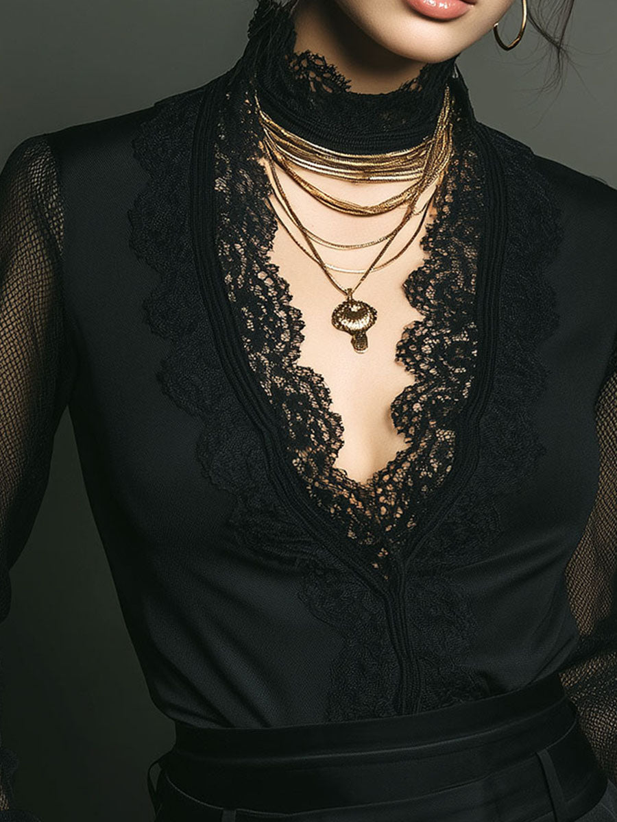Romantic Black Sheer Mesh Sleeve Lace High Neck Top