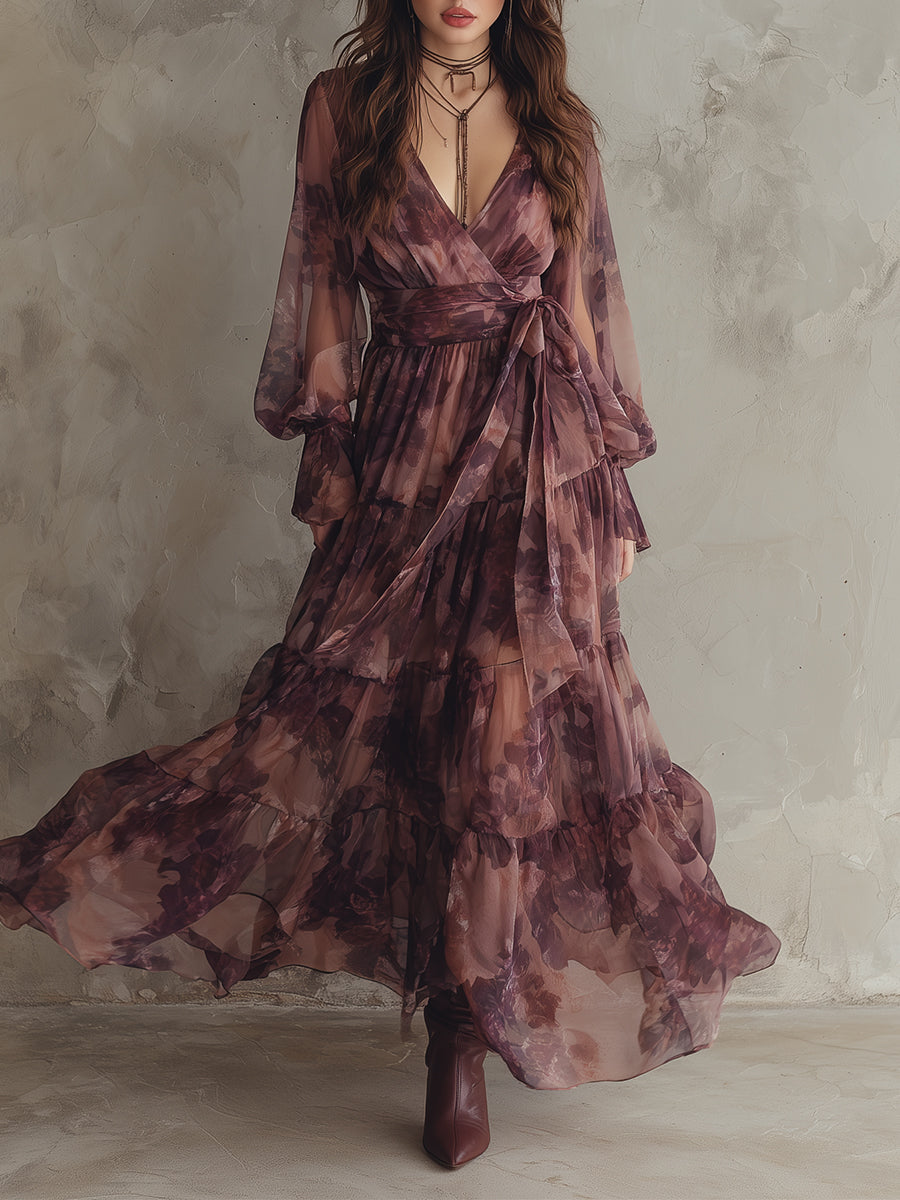 Romantic Holiday Printed Chiffon Ruffle Hem Maxi Dress