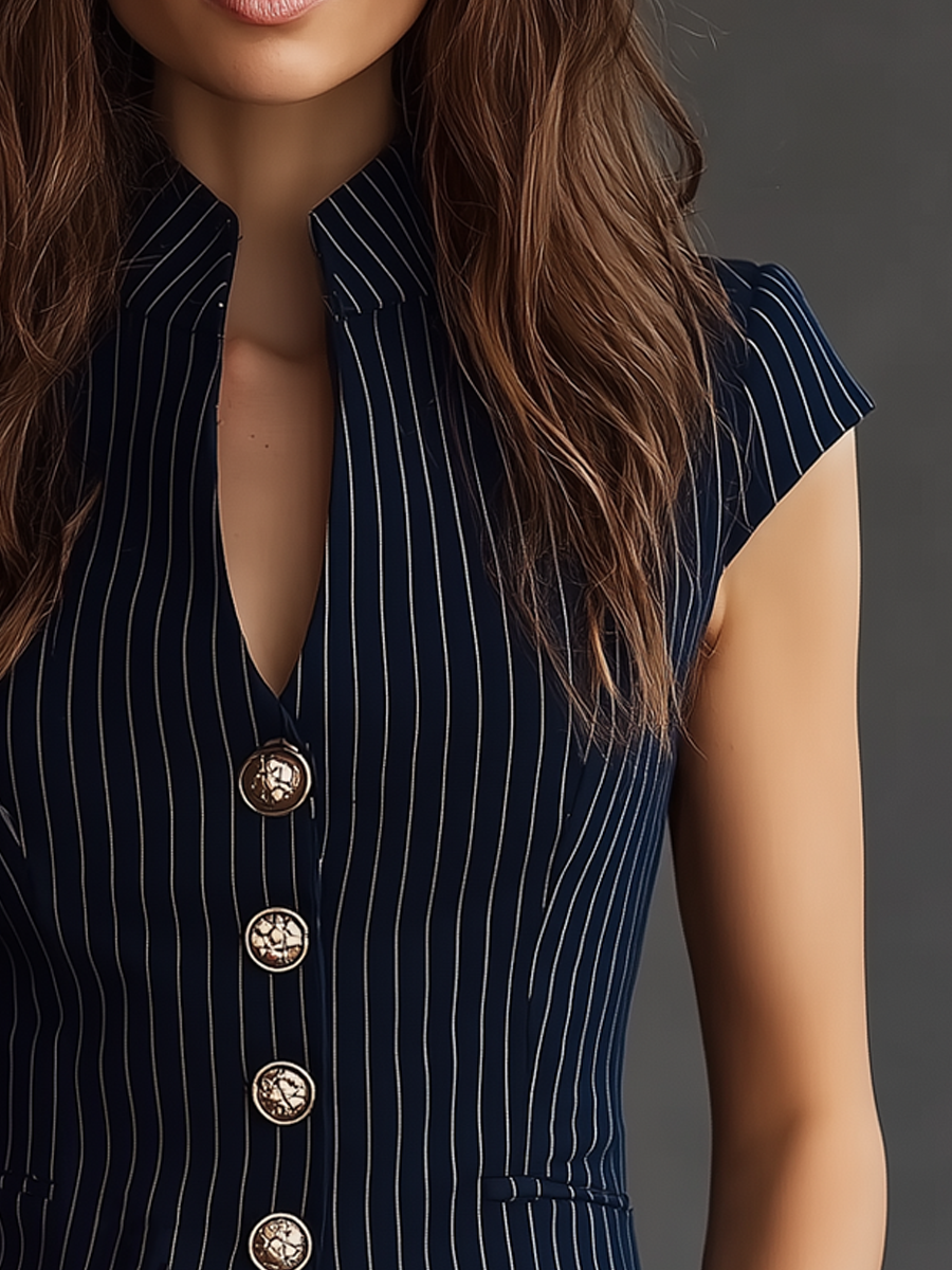 Retro Stand V-Neck Striped Short-Sleeved Blouse