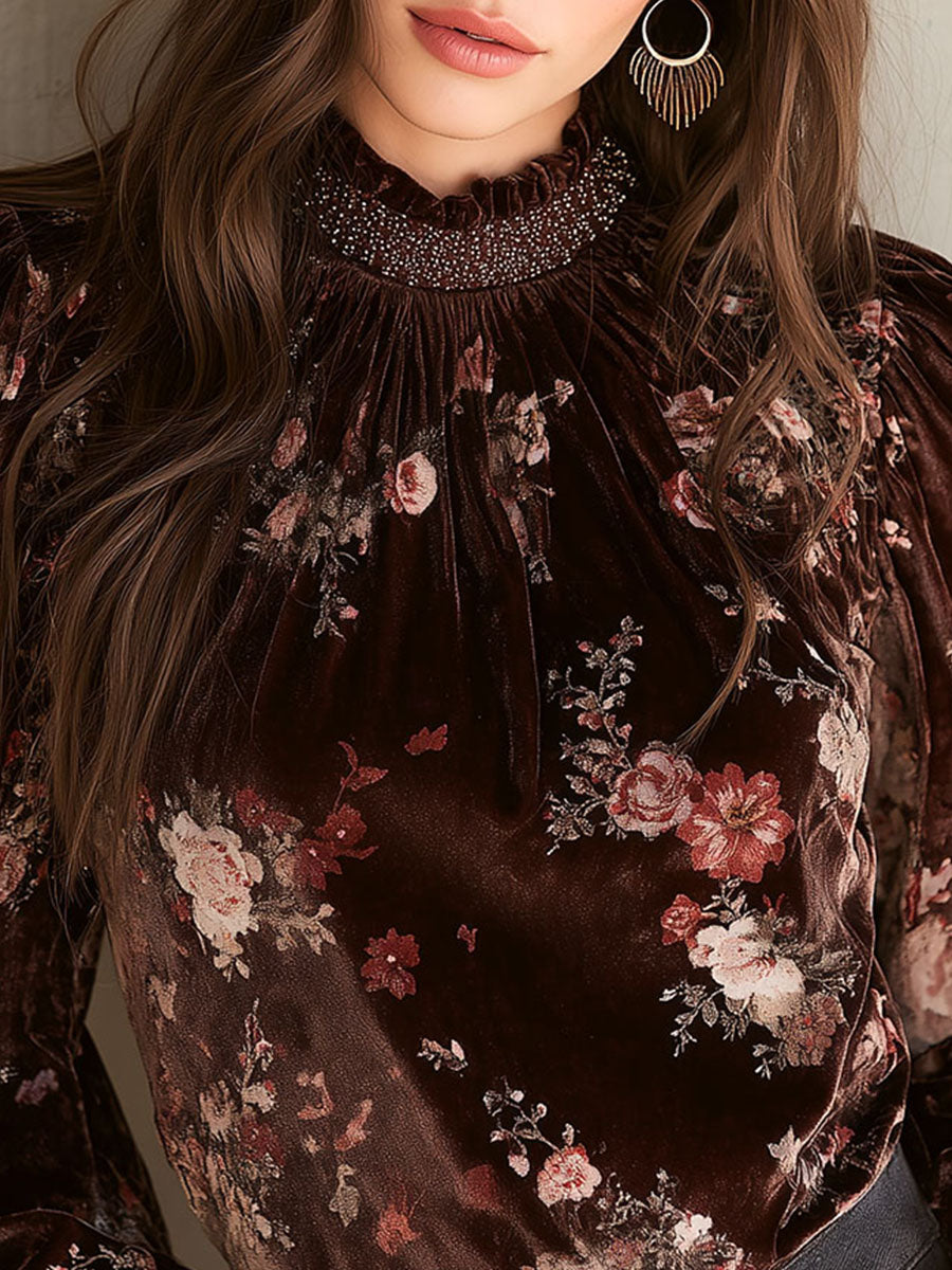 Vintage Floral Velvet Blouse With Ruffle Collar & Cuffs